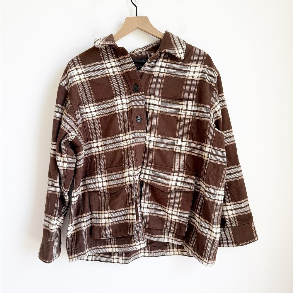 Madewell NWOT Oversized Plaid Shirt Jacket Shacket Brown White Small